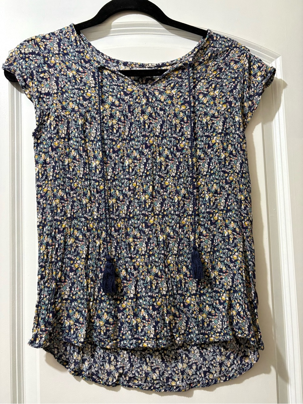 Maurices Navy Floral Tassel Cap-Sleeve Top